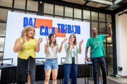 La activista trans, Mar Cambrollé, la secretaria general de Podemos, Ione Belarra, la eurodiputada, Irene Montero, y el exdiputado madrileño, Serigne Mbaye, durante el acto en Espacio Larra, a 12 de septiembre de 2026, en Madrid