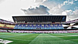Imagen de un imposible: el estadio del FC Barcelona, con las banderas de España y de Ceuta. | Ilustración/fotomontaje: kiloycuarto