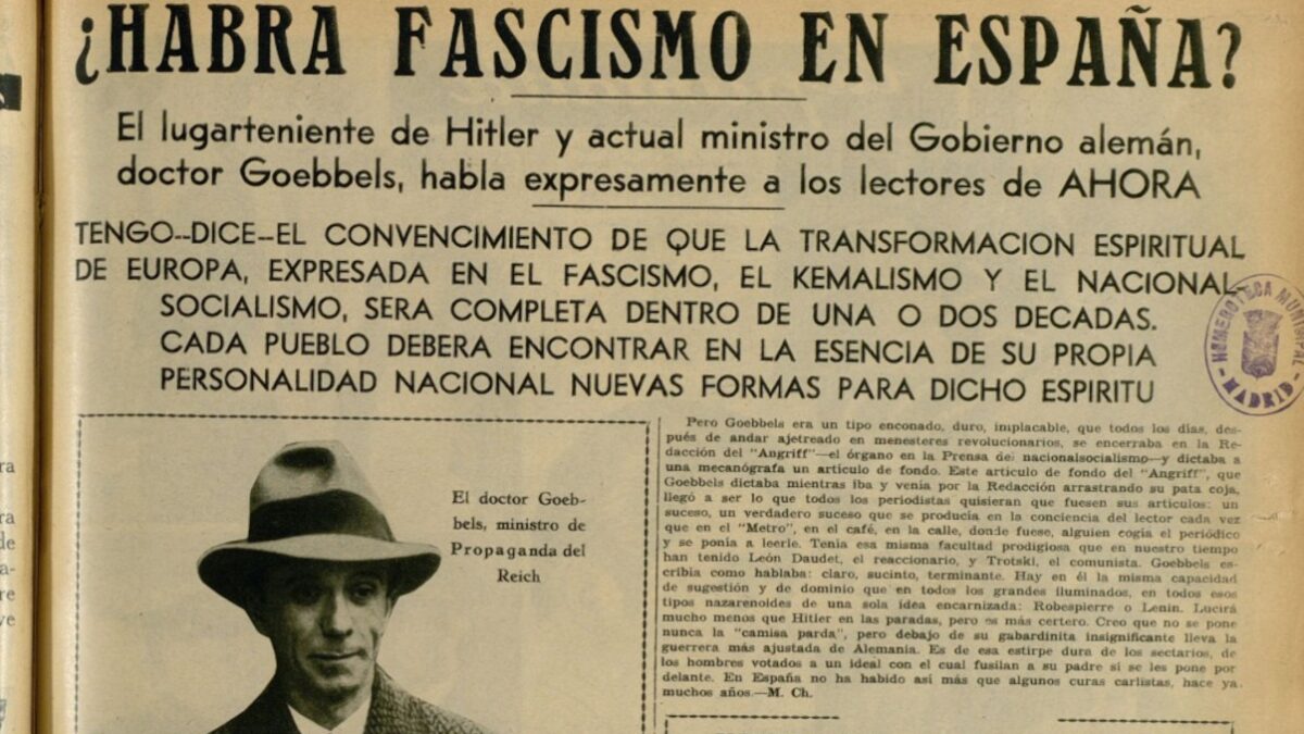 Fragmento de la entrevista que Goebbels concedió a Chaves Nogales. Diario 'Ahora', 21 de mayo de 1933. Hemeroteca Municipal de Madrid.