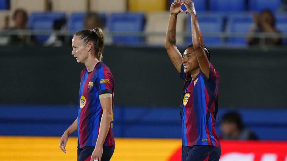 BARCELONA, 23/09/2026.- La delantera brasileña del FC Barcelona, Kerolin, celebra el primer gol del equipo blaugrana durante el partido de Liga de Campeones femenino que FC Barcelona y París FC disputan este miércoles en el estadi Johan Cruyff. EFE/Alejandro García