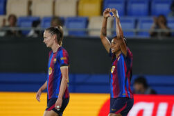 BARCELONA, 23/09/2026.- La delantera brasileña del FC Barcelona, Kerolin, celebra el primer gol del equipo blaugrana durante el partido de Liga de Campeones femenino que FC Barcelona y París FC disputan este miércoles en el estadi Johan Cruyff. EFE/Alejandro García