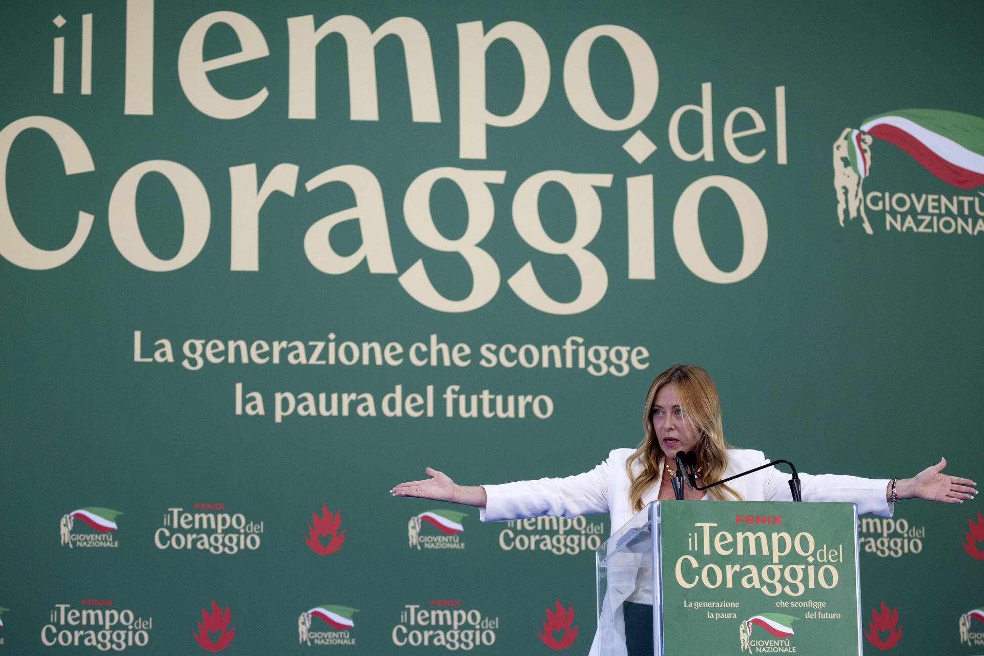Rome (Italy), 20/09/2026.- Italian Prime Minister Giorgia Meloni speaks during the annual national youth festival 'Fenix, il tempo del coraggio,' organized by Gioventu Nazionale, the youth movement of the political party Fratelli d'Italia, in Rome, Italy, 20 September 2026. (Italia, Roma) EFE/EPA/MASSIMO PERCOSSI