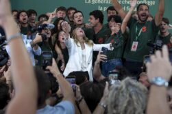 Rome (Italy), 20/09/2026.- Italian Prime Minister Giorgia Meloni attends the annual national youth festival 'Fenix, il tempo del coraggio,' organized by Gioventu Nazionale, the youth movement of the political party Fratelli d'Italia, in Rome, Italy, 20 September 2026. (Italia, Roma) EFE/EPA/MASSIMO PERCOSSI