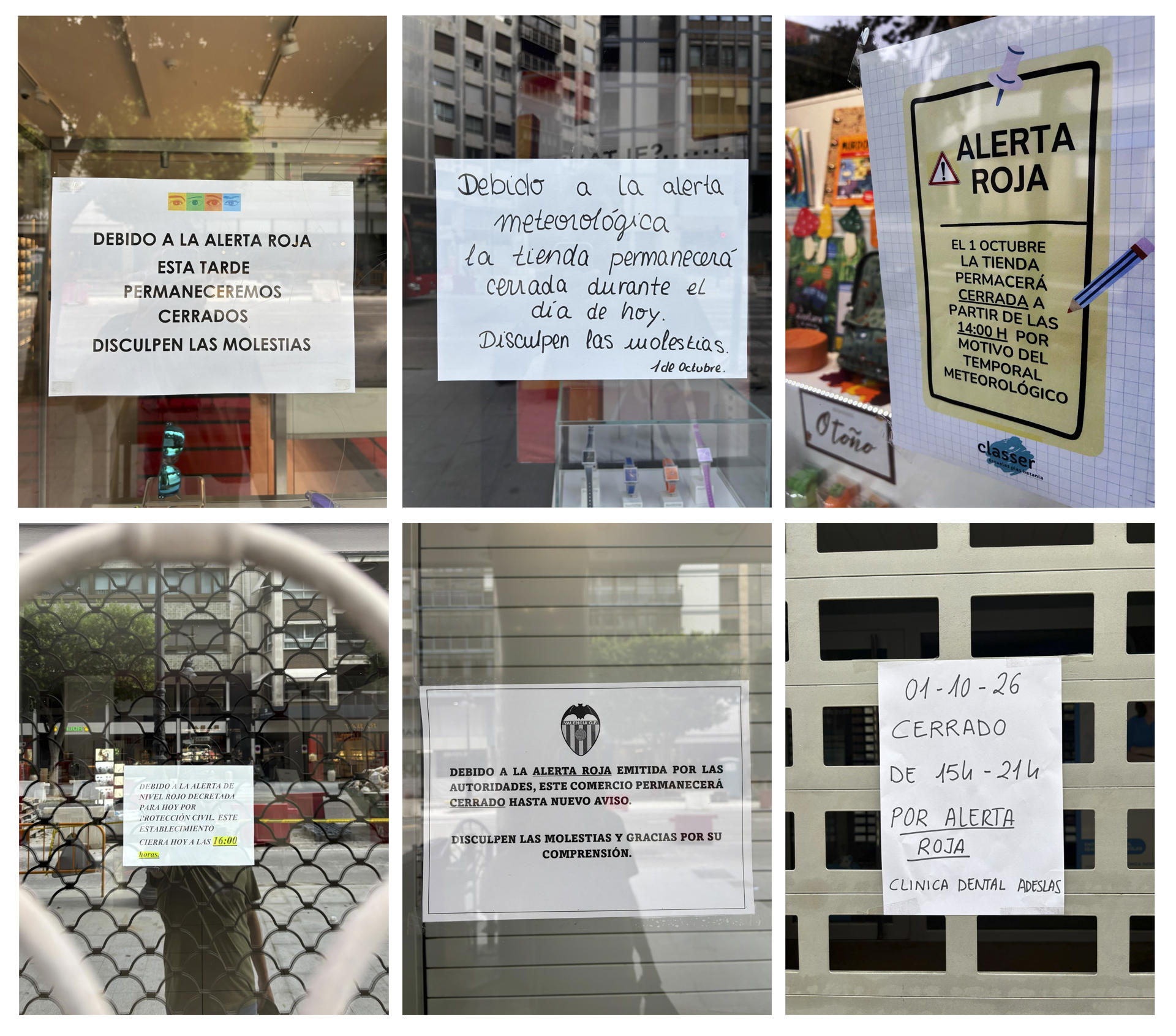 GRAFCVA6030. VALENCIA, 01/10/2026.- Combo de imágenes de carteles avisando del cierre de los comercios en la calle Colón de Valencia, arteria comercial de la ciudad, debido a la alerta roja por lluvias desde las 18 horas el interior norte y el litoral de Castellón y el litoral de Valencia, en el que pide evitar desplazamientos, alejarse de barrancos y, si aumenta el nivel del agua, subir a plantas superiores. EFE/Carlos Bazarra