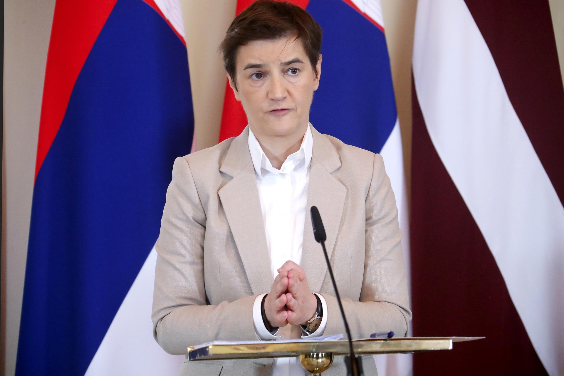 Riga (Latvia), 18/02/2025.- Serbian National Assembly President Ana Brnabic attends a press conference after a meeting with Latvian Parliament (Saeima) Speaker Daiga Mierina (not pictured) in Riga, Latvia, 18 February 2025. Ana Brnabic is on an official visit to Latvia. (Letonia) EFE/EPA/TOMS KALNINS