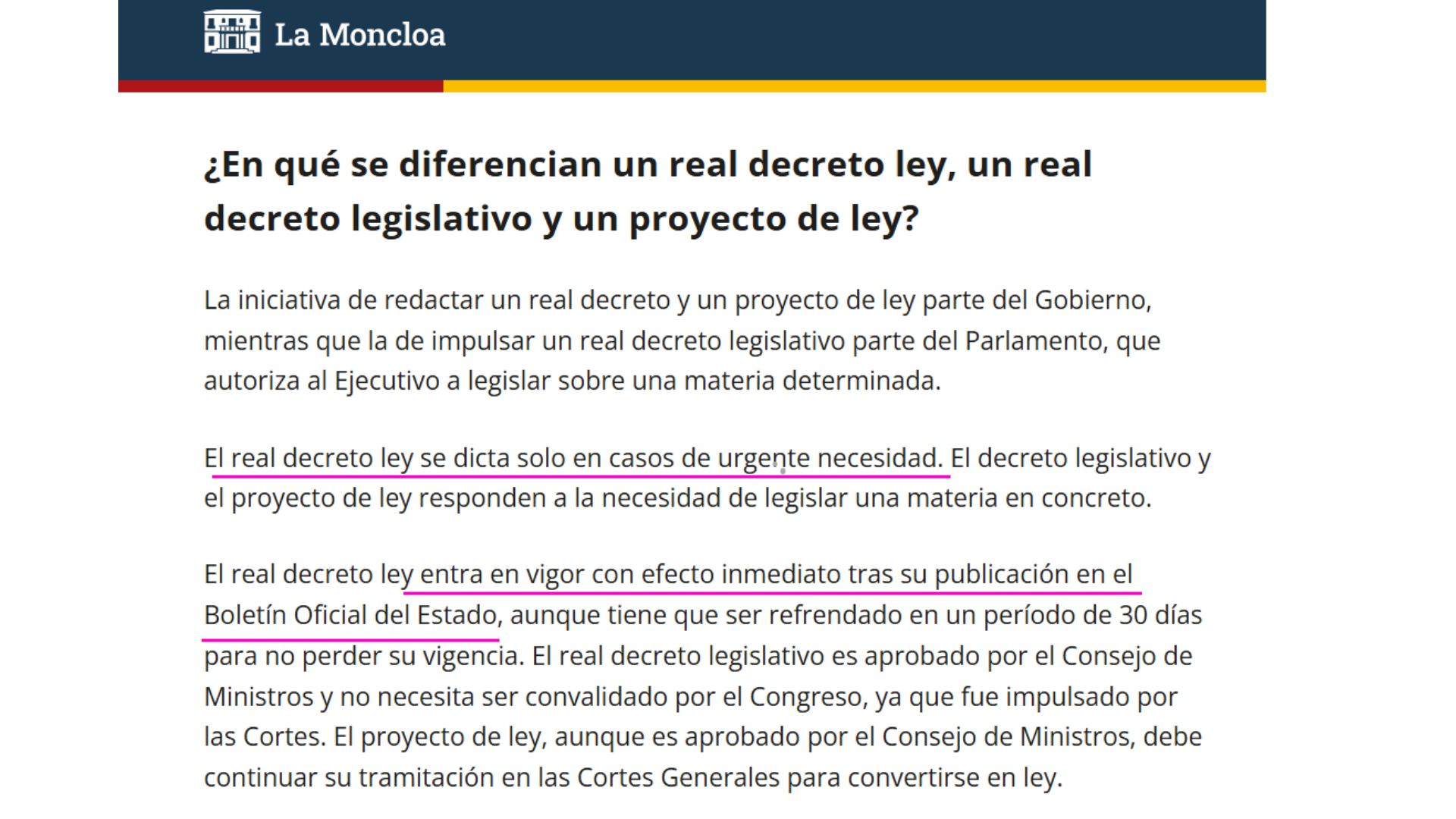 Diferencia entre Real Decreto Ley y Proyecto de Ley, según La Moncloa.