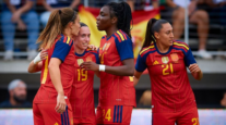 Las jugadoras de la selección española celebrando el gol de Eva Navarro ante Estados Unidos
