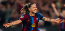 Claudia Pina celebrando uno de sus goles ante el Real Madrid