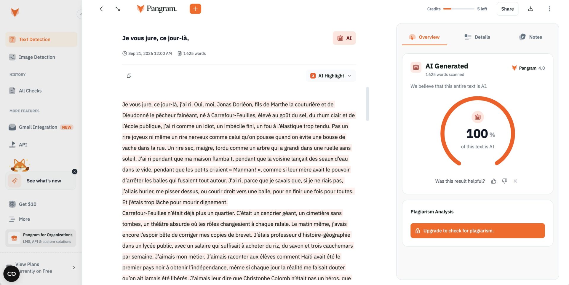 Captura del análisis de Pangram de