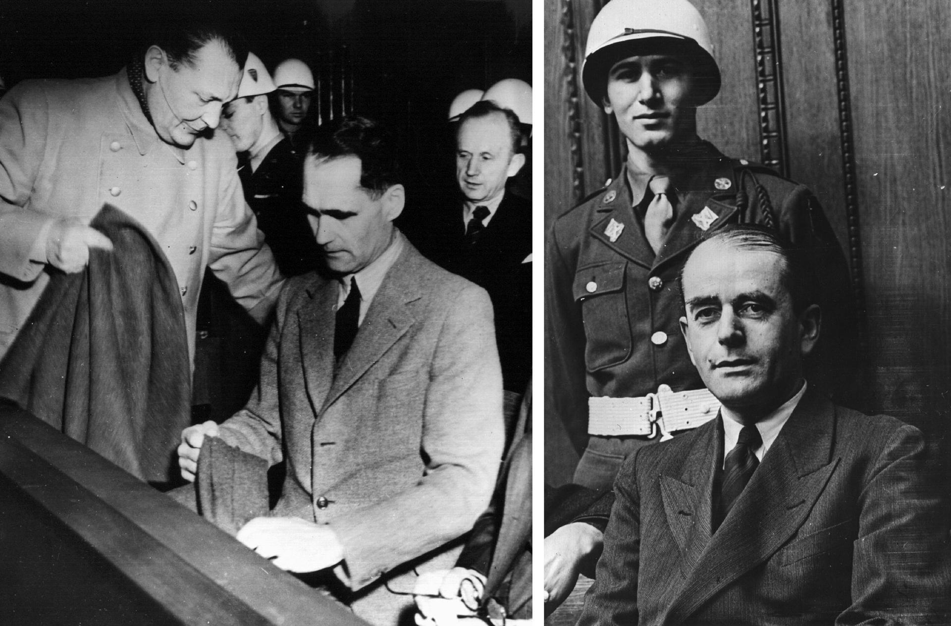 FKM006 NUREMBERG (ALEMANIA) 14/11/05. Combo de fotos de archivo tomadas en 1946 que muestran, la foto de la izquierda, a Hermann Goehring, Rudolf Hess y Karl Doenitz (detrás), y la de la derecha a Albert Speer durante los juicios de Nuremberg. El próximo 20 de noviembre se celebra el 60 aniversario del comienzo de los juicios de Nuremberg contra los criminales de guerra nazis. EFE/- SOLO USO EN BLANCO Y NEGRO [BW ONLY]