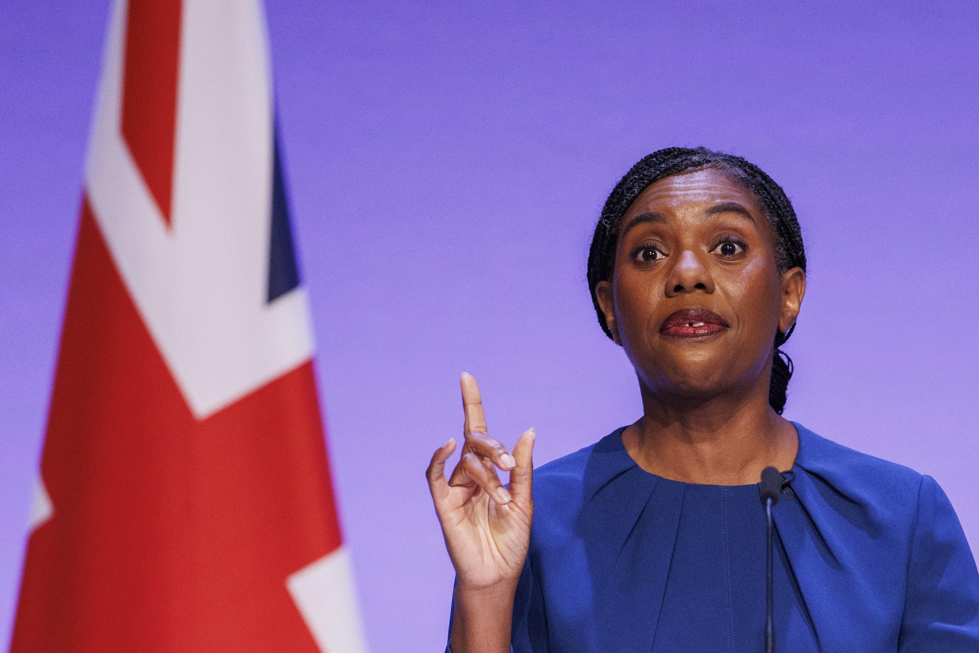 BIRMINGHAM (United Kingdom), 07/10/2026.- Leader of the British Conservative Party Kemi Badenoch delivers her keynote speech on the fourth and final day of the British Conservative Party annual conference at the International Convention Centre (ICC) in Birmingham, Britain, 07 October 2026. The annual conference runs from 04 to 07 October as the party trails behind the governing Labour Party and the populist Reform UK after losing the general election in 2024. (Reino Unido) EFE/EPA/TOLGA AKMEN
