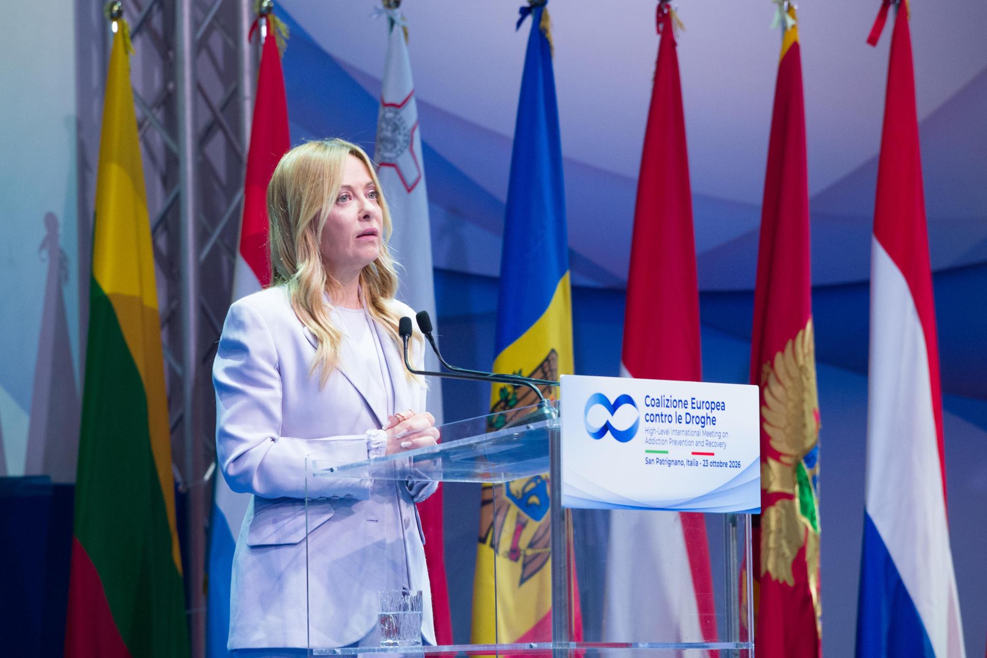 SAN PATRIGNANO (Italy), 23/10/2026.- Italian Prime Minister Giorgia Meloni speaks during a high-level international meeting of the European Cities Against Drugs (ECAD) coalition in San Patrignano, Italy, 23 October 2026. The meeting focuses on addiction prevention and recovery. (Italia) EFE/EPA/DORIN MIHAI