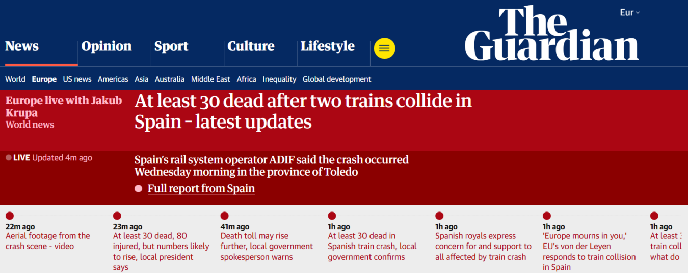 Captura de pantalla de la cobertura del diario inglés "The Guardian" sobre el accidente ferroviario de Toledo