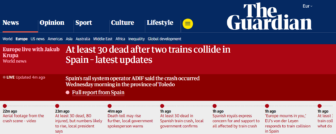 Captura de pantalla de la cobertura del diario inglés "The Guardian" sobre el accidente ferroviario de Toledo