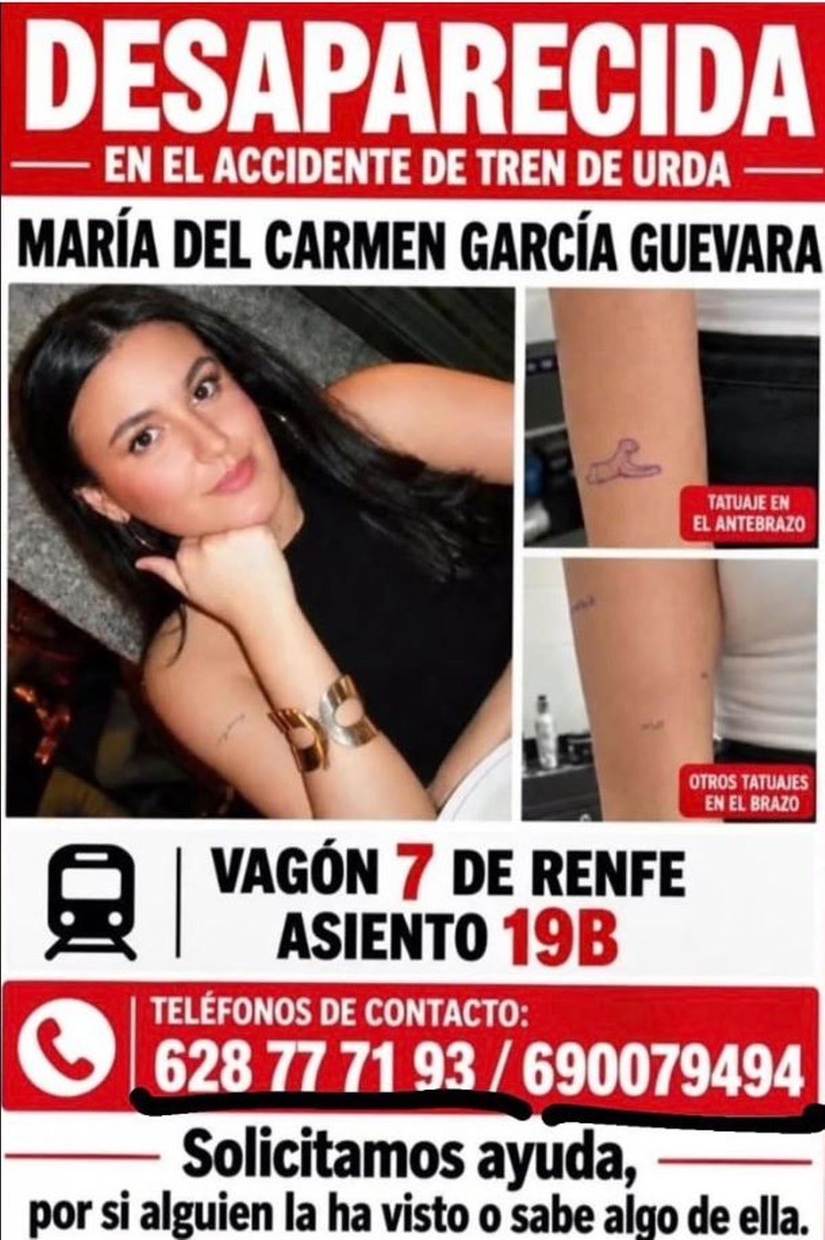 Cartel de búsqueda de Mari Carmen García Guevara, desaparecida en el accidente de tren de Urda