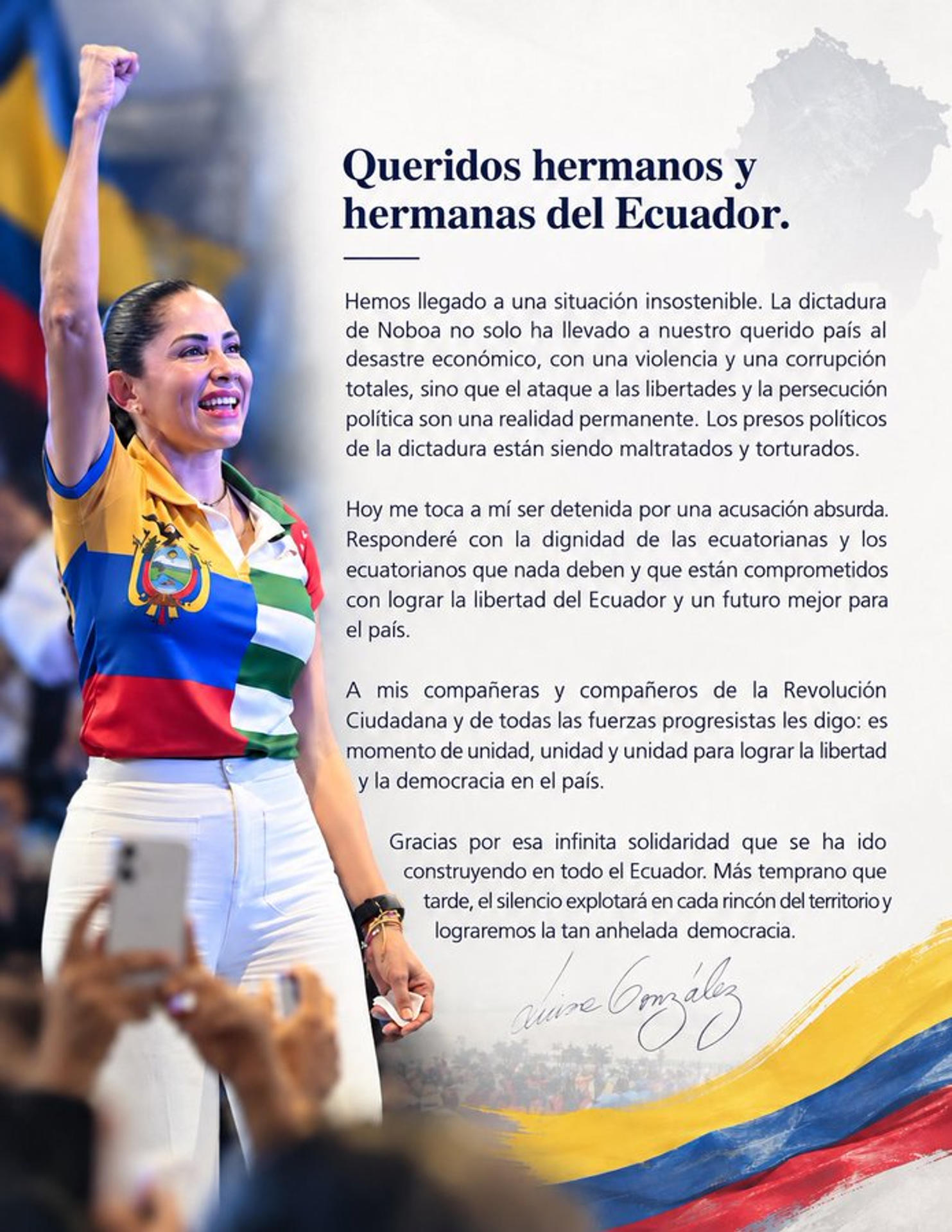 AME8656. QUITO (ECUADOR), 22/10/2026.- Imagen tomada de la cuenta oficial en X de la excandidata presidencial del correísmo Luisa González, @LuisaGonzalezEc, que muestra un comunicado en el que asegura que el país andino "ha llegado a una situación insostenible" y denunció que "el ataque a las libertades y la persecución política son una realidad permanente en la dictadura de (Daniel) Noboa". EFE/ @luisagonzalezec /SOLO USO EDITORIAL/ NO VENTAS/ SOLO DISPONIBLE PARA ILUSTRAR LA NOTICIA QUE ACOMPAÑA (CRÉDITO OBLIGATORIO)